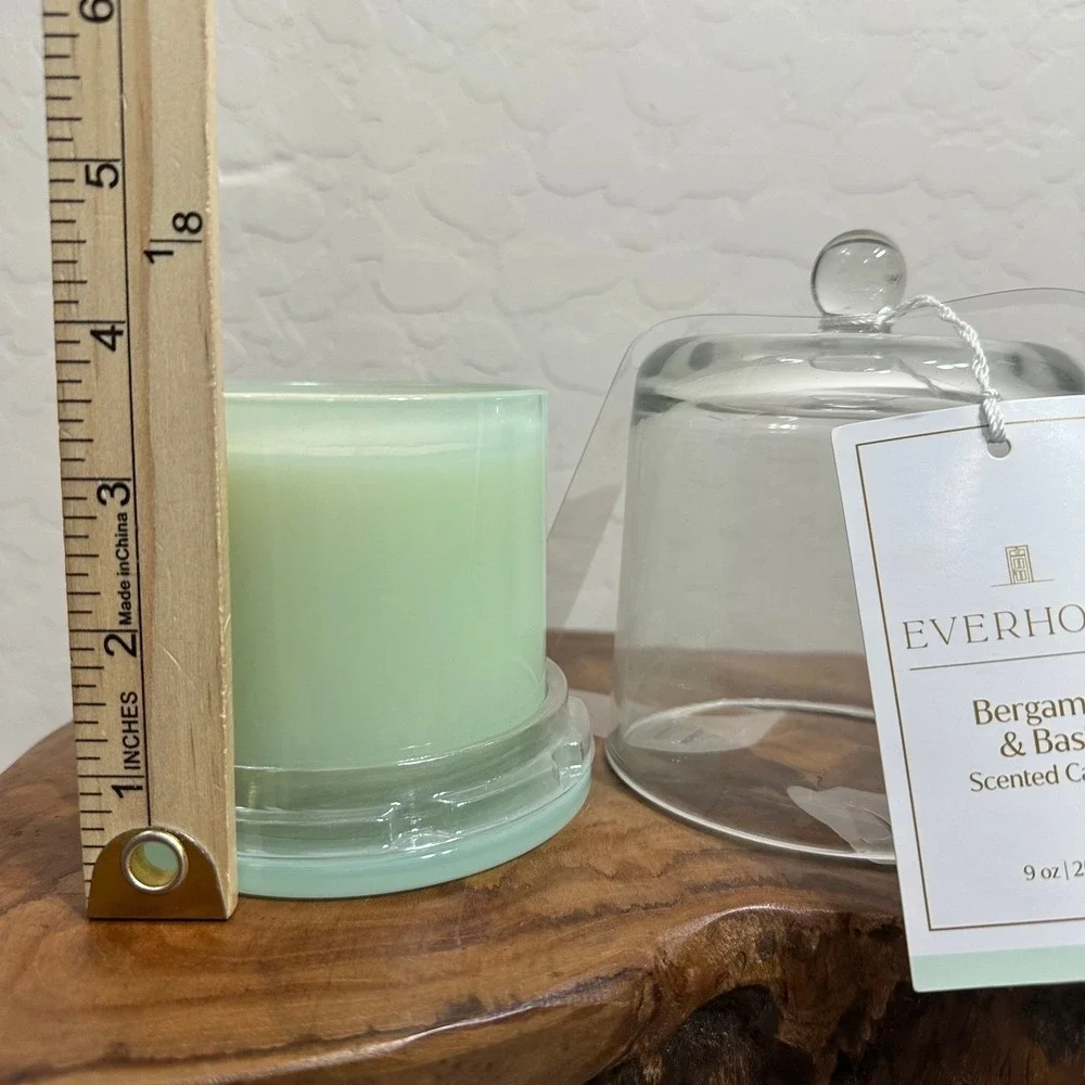 Everhome Bergamot & Basil Scented Candle 9oz with Glass Cloche Mint Green Jar